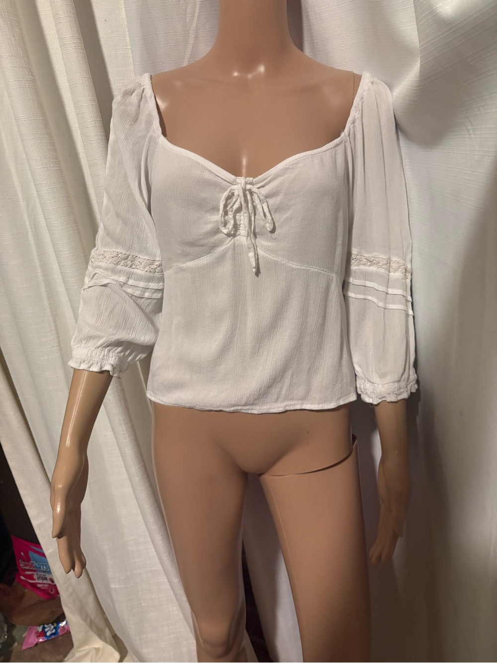 Derek heart White-Trim Peasant Top - boho Junior Off-Shoulder Blouse tassles xl - Picture 2 of 14